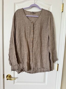 FLAX 100% Linen Button Front Tunic Top Brown Size Medium Long Sleeve